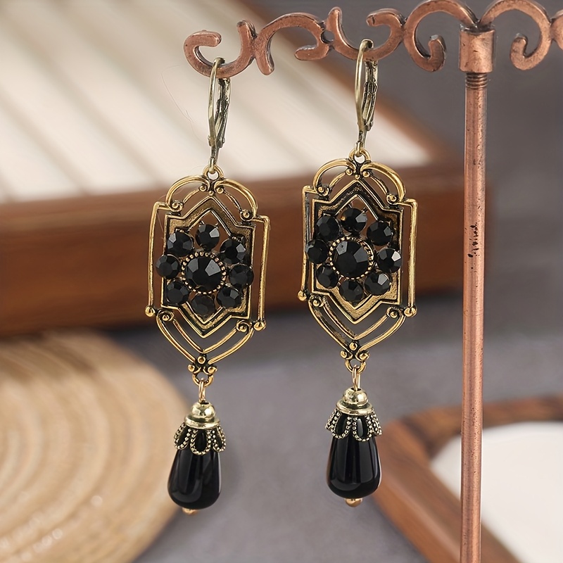 Women's Nostalgic Hollow Copper Earrings with Black Synthetic Turquoise, Birthday Gift
